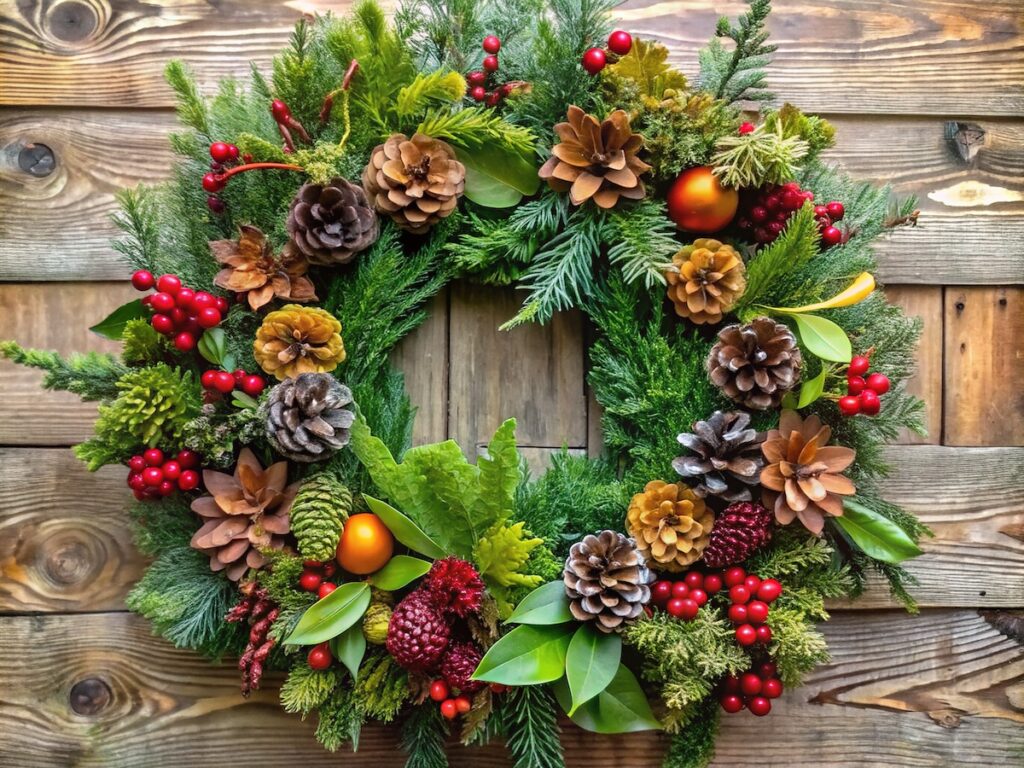 A traditional holiday wreath hanging on a wooden wall, decorated with pinecones, red berries, evergreen foliage and a few golden and red ornaments.